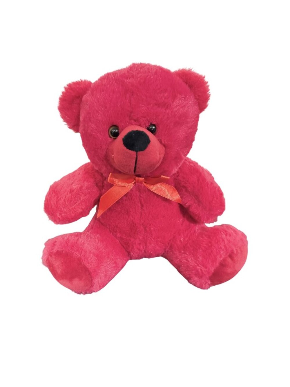 Bright Pink Teddy Bear Plush Stuffed Animal w/ Red Ribbon Bow 10”
